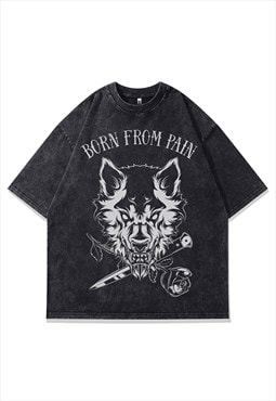 Wolf print t-shirt angry dog tee biker top in vintage grey