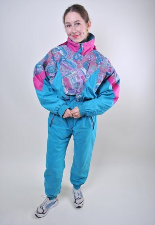 VINTAGE PATTERN BLUE SKI SUIT, 80S WOMAN ONE PIECE SNOWSUIT
