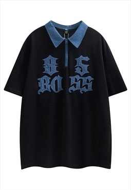 Boss slogan polo shirt short sleeve denim patchwork blouse