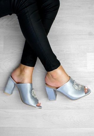 ALICE SILVER SATIN BLOCK HEEL MULES WITH CRYSTAL DETAIL