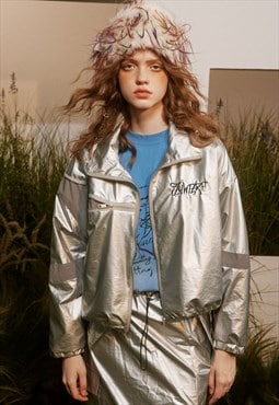 Metallic varsity jacket shiny windbreaker crop coat silver