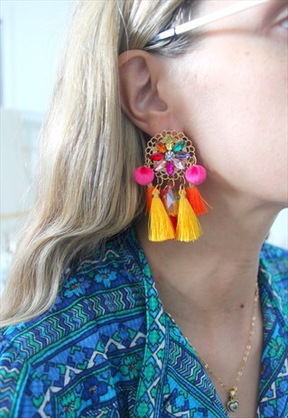 EARRINGS BEADS AND TASSELS WITH RHINESTONE