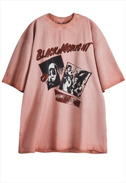 Grunge print t-shirt Y2K slogan tee in washed pastel pink