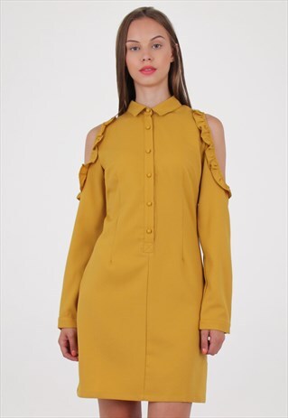 COLD SHOULDER BUTTON DETAIL SHIRT DRESS