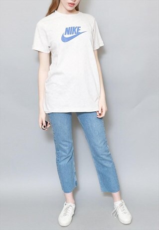 VINTAGE 1990'S DISTRESSED WHITE & BLUE NIKE LOGO T SHIRT