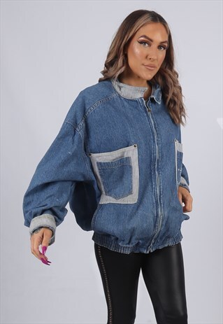 VINTAGE LEE DENIM BOMBER JACKET OVERSIZED STRIPED UK 18 G53X