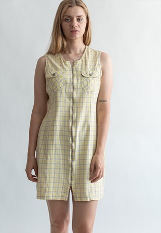 VINTAGE 90S CHECKERED GRUNGE MIDI DRESS WITH FRONT ZIP