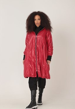 Long sporty parka coat with contrast hood and lining 