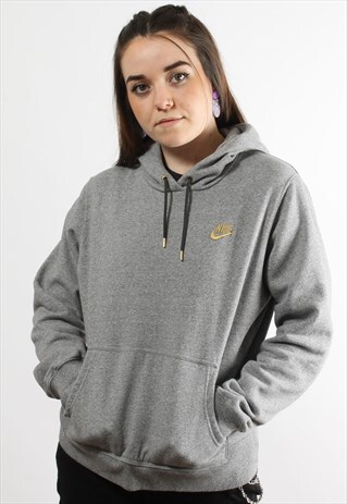VINTAGE NIKE GREY HOODIE WITH GOLD SPELL OUT LOGO ON CHEST