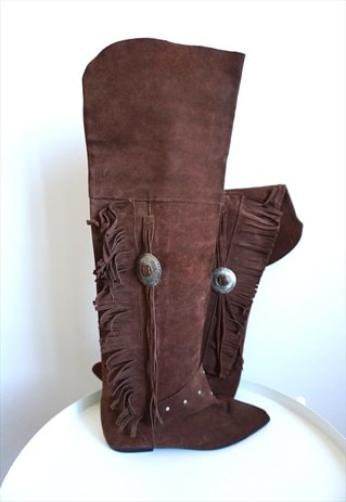 Vintage Brown Suede Genuine Leather Cowboy Western Boots