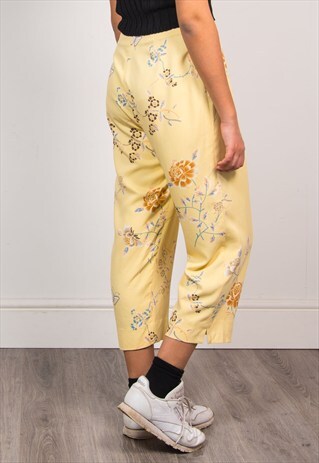 90'S YELLOW FLORAL PATTERN WIDE LEG CULOTTES TROUSERS