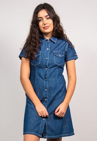 VINTAGE 90'S DARK BLUE DENIM SHORT SLEEVE MINI DRESS