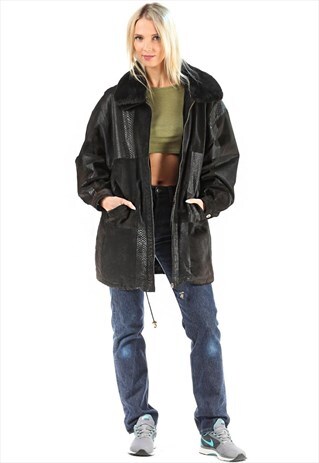 SUEDE PARKA JACKET BLACK LEATHER