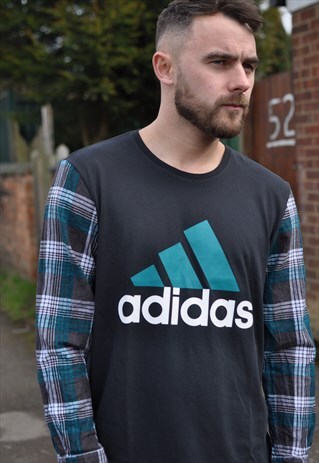 90'S GRUNGE ADIDAS REWORK T WITH VINTAGE CHECK SHIRT SLEEVES