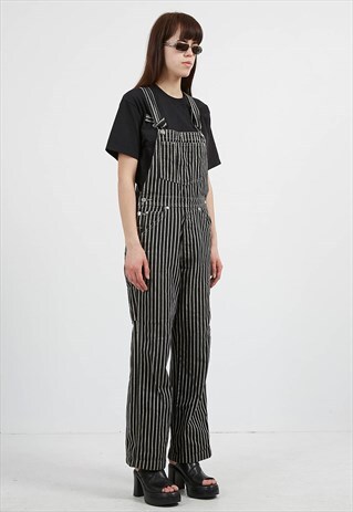 VINTAGE BLACK BEIGE STRIPED JUMPSUIT DUNGAREES