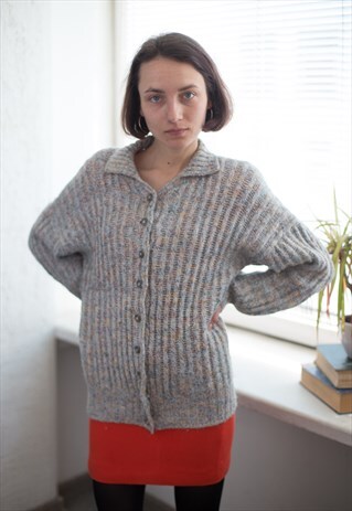 VINTAGE 70'S WOOL RIBBED CARDIGAN IN GREY