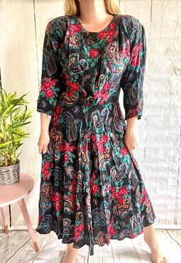 Vintage Floral Paisley Printed 80's Midi Dress