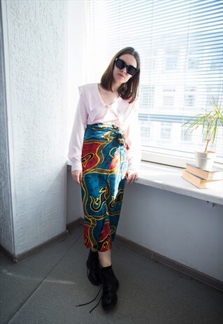 VINTAGE 80'S MULTICOLOUR PATTERNED WRAP VISCOSE SKIRT