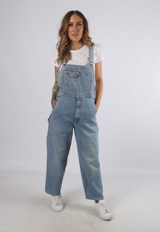 VINTAGE DENIM DUNGAREES WIDE LEG UK S 10 (K93A)