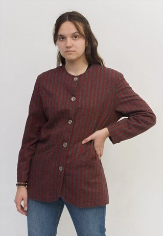 VINTAGE WOMEN'S M L WOOL BLAZER JACKET STRIPED COAT RED GREY