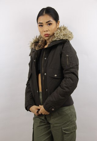 VINTAGE WOOLRICH BROWN FUR-HOODED BOMBER JACKET