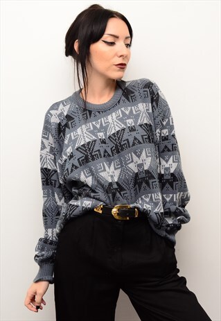 VINTAGE 90'S RETRO ABSTRACT INDIE PATTERNED OVERSIZED JUMPER