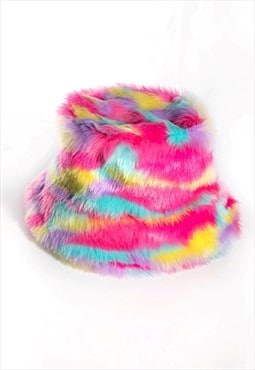 Festival faux fur bucket hat fluffy neon hat Gay rainbow cap