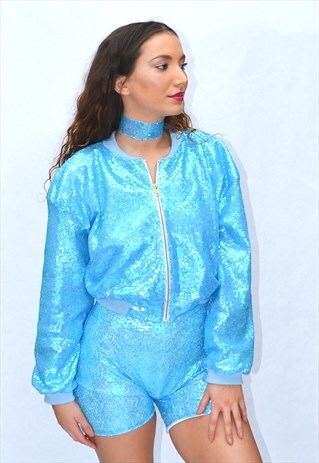 BABY BLUE SEQUIN CROP BOMBER JACKET