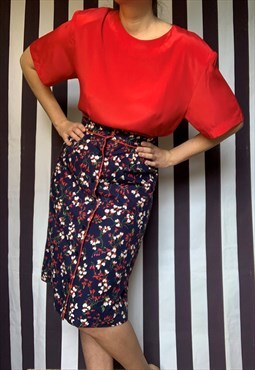 Vintage 70s navy midi skirt with red and white florals, Uk12
