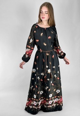 70's Vintage Ladies Black Floral Bell Sleeve Maxi Dress