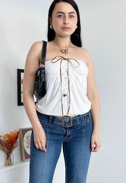 2000s white broderie strapless top