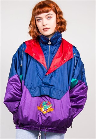 90'S VINTAGE COLOURBLOCK QUARTER ZIP HOODED SKI COAT