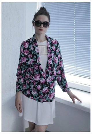 VINTAGE 80'S BLACK FLOWER PRINT LONG SLEEVES JACK