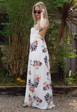 FLORAL HALTER MAXI SUMMER DRESS WITH SLIT