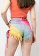 LACE UP CUT-OFF DENIM SHORTS IN RAINBOW UPCYCLED 