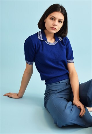 70'S RETRO KNITTED STRIPED NAVY BLUE JUMPER TOP