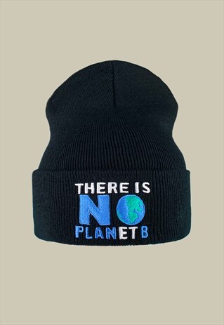 THERE IS NO PLANET B  EMBROIDERED BEANIE HAT IN BLACK