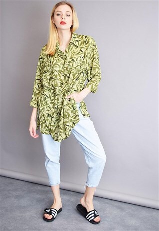 90'S ABSTRACT FLORAL PATTERN PRINT SHEER OVERSIZED SHIRT