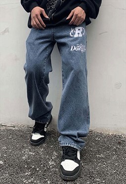 Blue Slogan embroidered Denim jeans pants Y2k