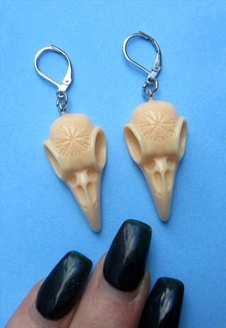 NATURAL BONE GOTH CROW SKULL HALLOWEEN HORROR EARRINGS