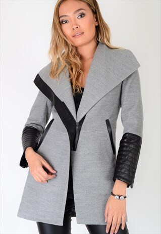 TAILORED GREY COAT WITH BLACK PU PANELLING