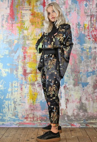 TROUSERS & KIMONO CO-ORDINATES IN BLACK CHINESE DRAGON