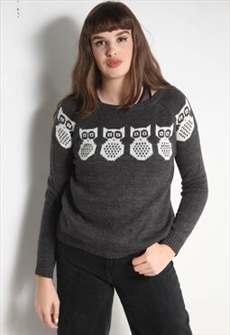 Vintage Owl Patterned Knitted Jumper Grey