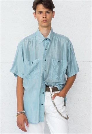 VINTAGE LIGHT BLUE JAN STUART SHORT SLEEVE SILK SHIRT