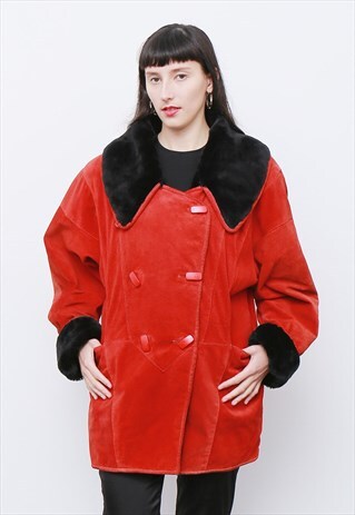 VINTAGE 1980'S RED BLACK FAUX FUR AND SUEDE WINTER COAT