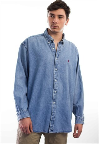 VINTAGE POLO RALPH LAUREN LOGO DENIM SHIRT 90S XL 18.8