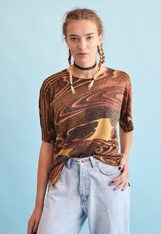 90'S RETRO ABSTRACT PRINT KNIT SHIMMER KITSCH TOP