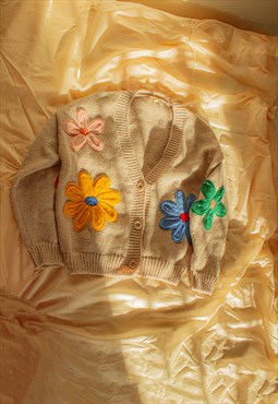 Brown Crochet Applique Bold Floral Cardigan