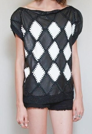 VINTAGE 1980'S BLACK/WHITE DIAMOND PATCHWORK LEATHER JUMPER