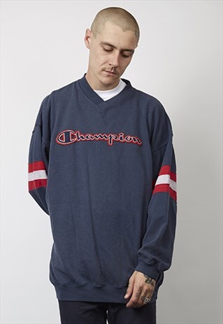 VINTAGE 80'S NAVY CHAMPION STRIPED V-NECK SWEATSHIRT